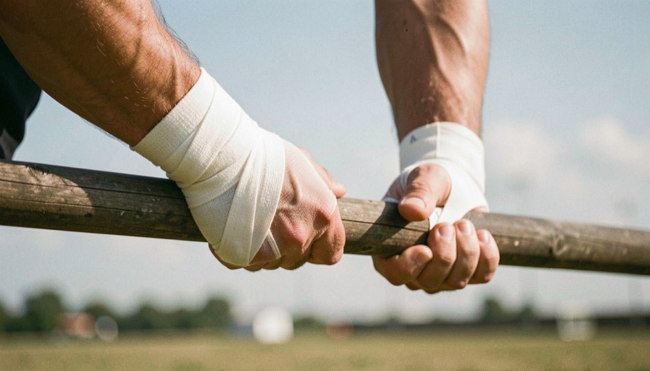 Açık havada paralel bir çubuğa asılı duran sporcunun ellerinde parmak bandajlarıyla yakın plan kesiti